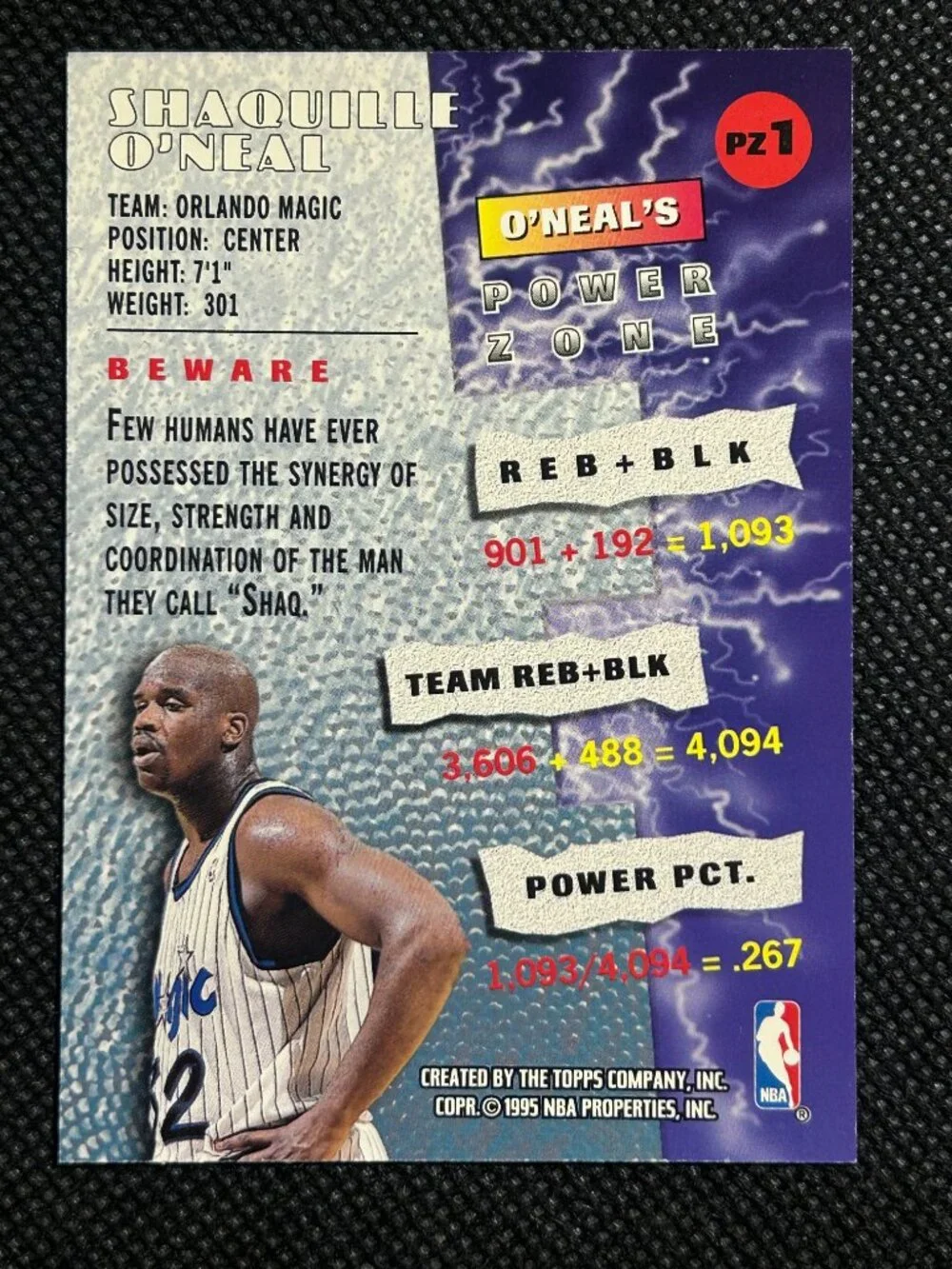 1995-96 Shaquille O'Neal Topps Stadium Club Power Zone #PZ1 Orlando Magic - Picture 2 of 2